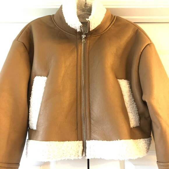 New LOVE TREE Cropped Shearling Trim Vegan Leather Jacket Camel S - Picture 4 of 7